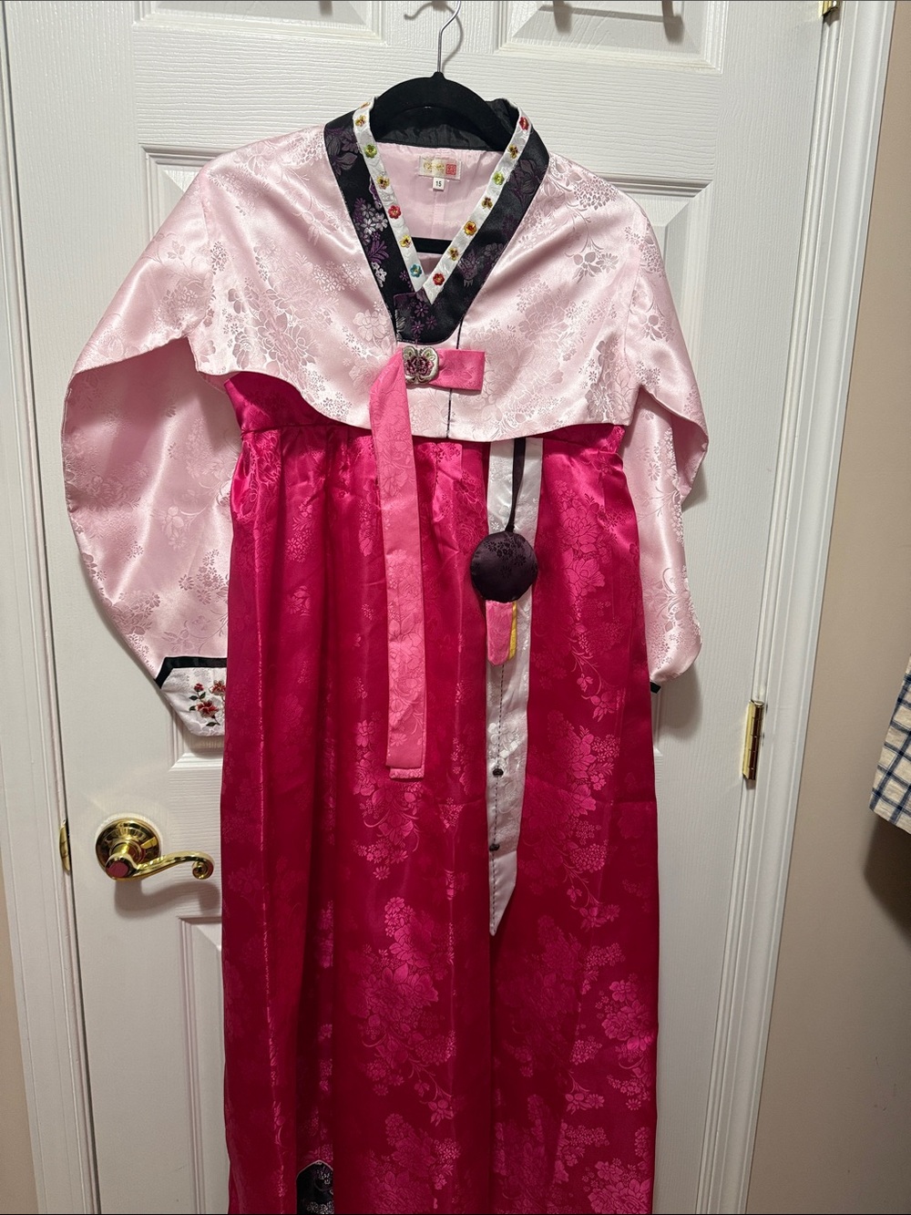 Traditional Pink and Green Satin Maxi Dress with Embroidered Vest
